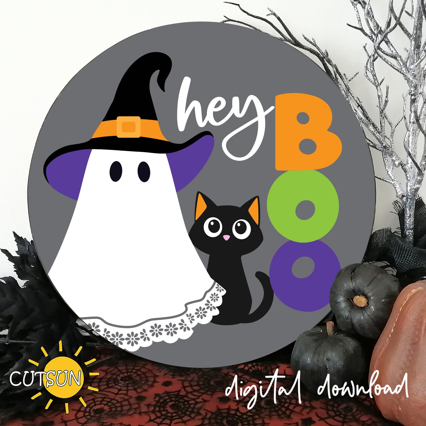 Hey Boo Halloween Door Hanger SVG | Layered Ghost & Black Cat Round Door Sign | Laser Cut File | Wooden Front Door Decor