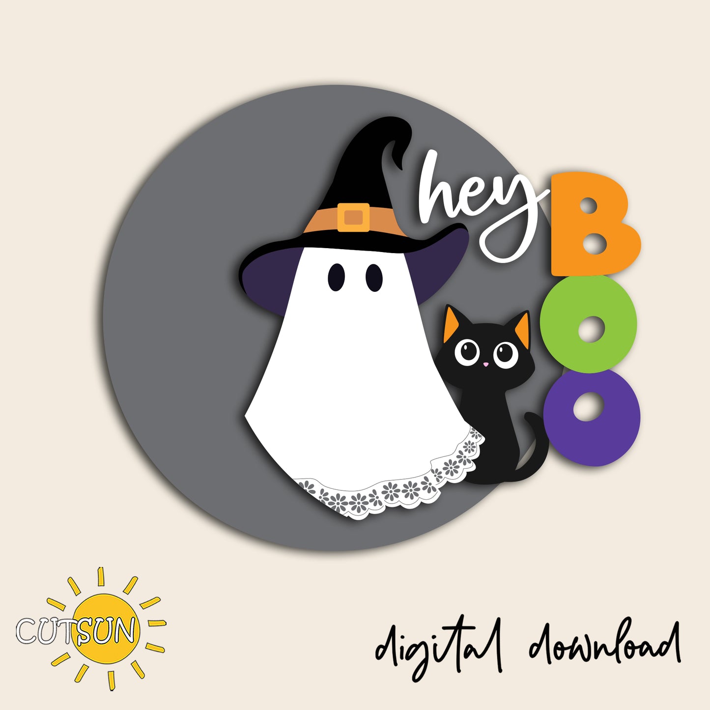 Hey Boo Halloween Door Hanger SVG | Layered Ghost & Black Cat Round Door Sign | Laser Cut File | Wooden Front Door Decor