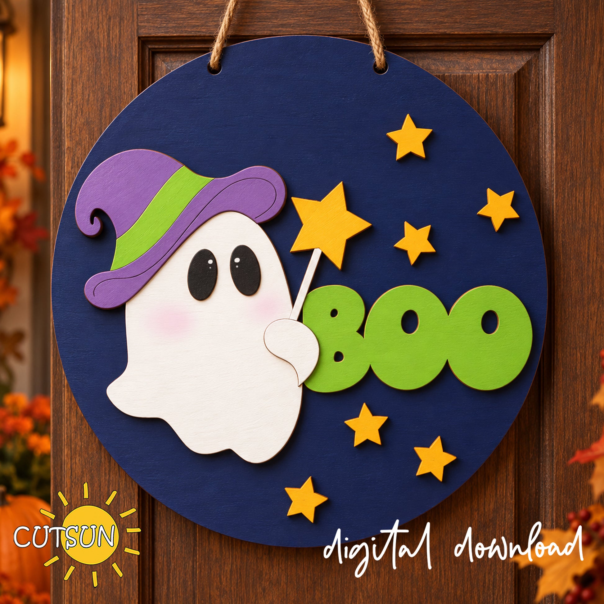 Layered wooden Halloween door sign with a white ghost wearing a purple witch hat, green BOO lettering and golden stars.