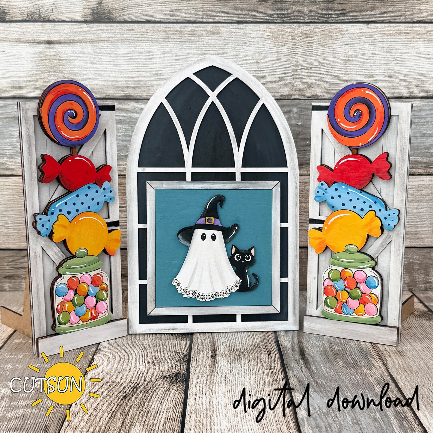 Halloween Farmhouse Window Add-On SVG – Cute Ghost, Black Cat & Colorful Candy Shutters