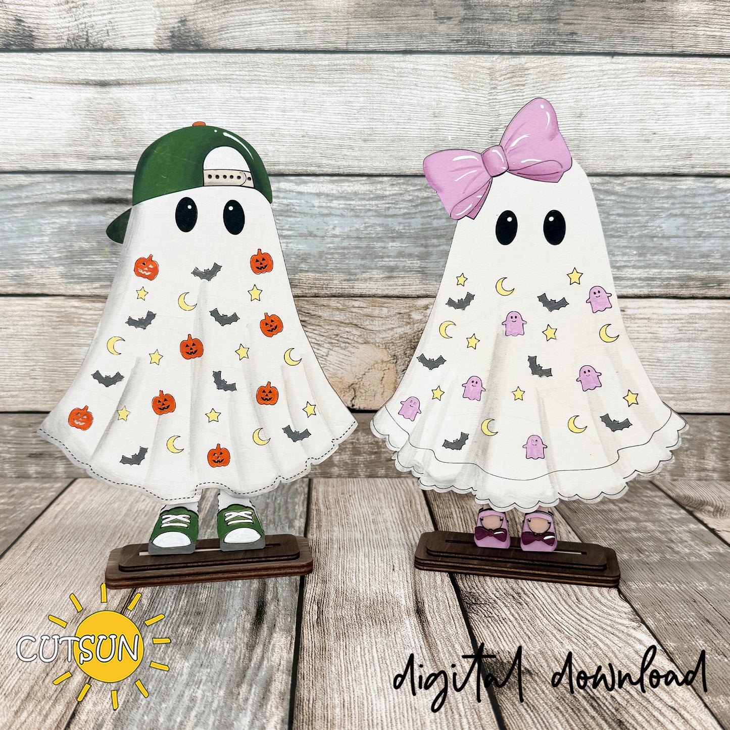 Ghost SVG Halloween shelf sitters - laser cut boy and girl ghost decor with pumpkins, bats, and stars, digital download file