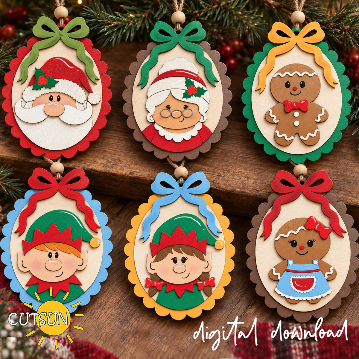 Christmas gift card holder SVG bundle with six layered designs featuring Santa, Mrs Claus, boy and girl elves, Gingerbread Man and Gingerbread Girl ornaments.