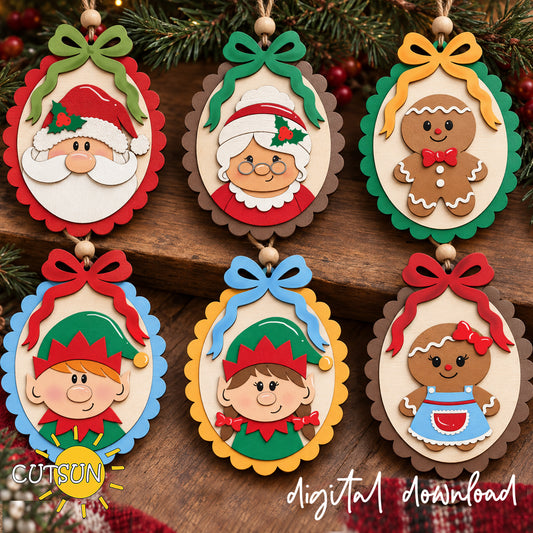 Christmas gift card holder SVG bundle with six layered designs featuring Santa, Mrs Claus, boy and girl elves, Gingerbread Man and Gingerbread Girl ornaments.