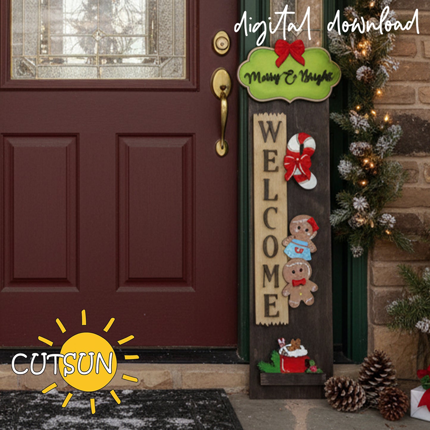 Gingerbread Vertical Sign Add-On SVG – Layered Christmas Porch Leaner Laser Cut File