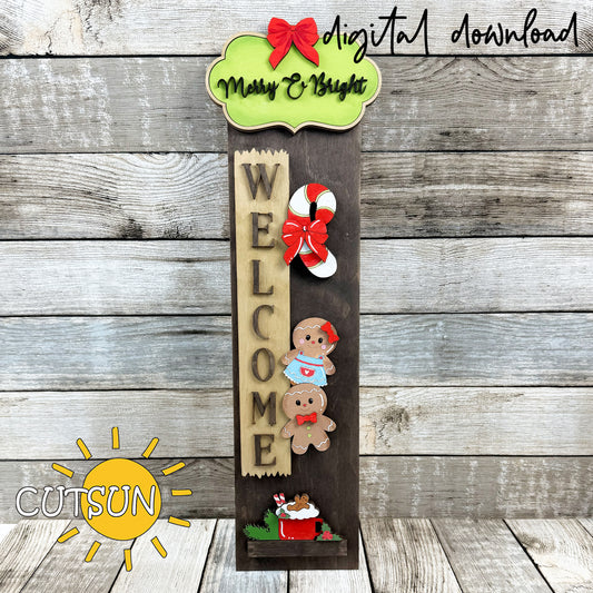 Layered gingerbread vertical sign add-on SVG featuring gingerbread cookies, candy cane, gift box and “Merry & Bright” plaque for Christmas porch leaners.