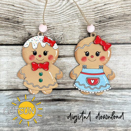 Two gingerbread cookie ornaments with red bows on a wooden surface, featuring the brand 'CUTSUN'.