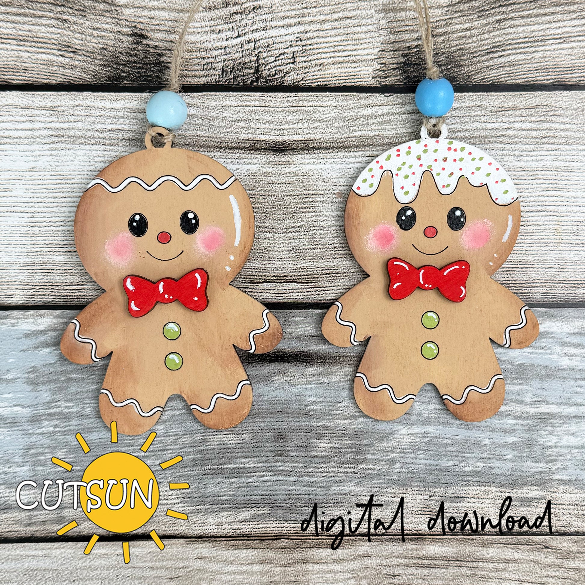 Two gingerbread man ornaments with red bow ties on a wooden background, featuring the CUTSUN logo.