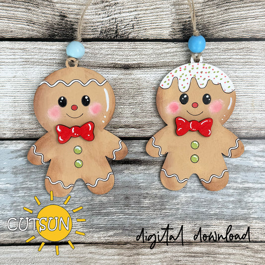 Two gingerbread man ornaments with red bow ties on a wooden background, featuring the CUTSUN logo.