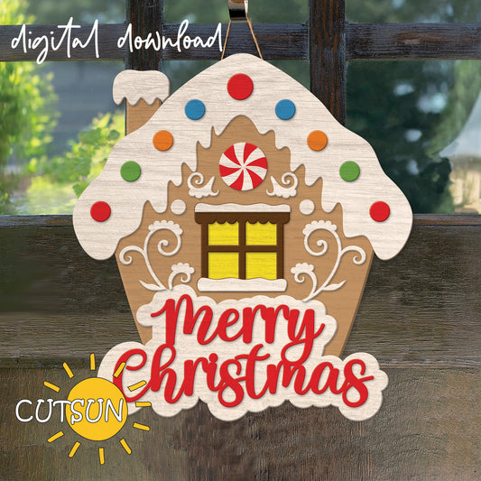 Gingerbread house Christmas door hanger SVG laser cut file