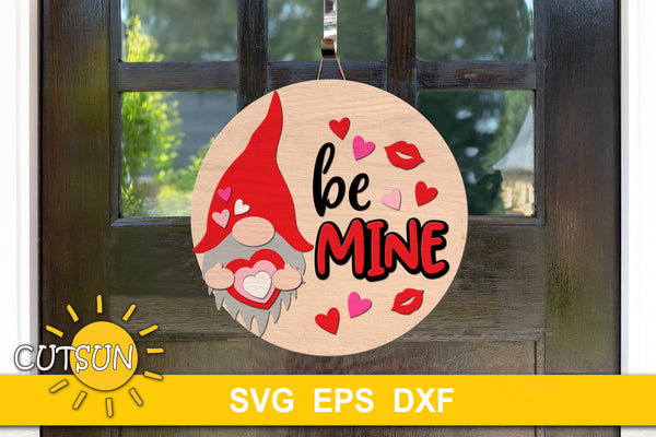 Digital download for a Valentine's day door hanger featuring a gnome holding a heart and the words 'be mine'