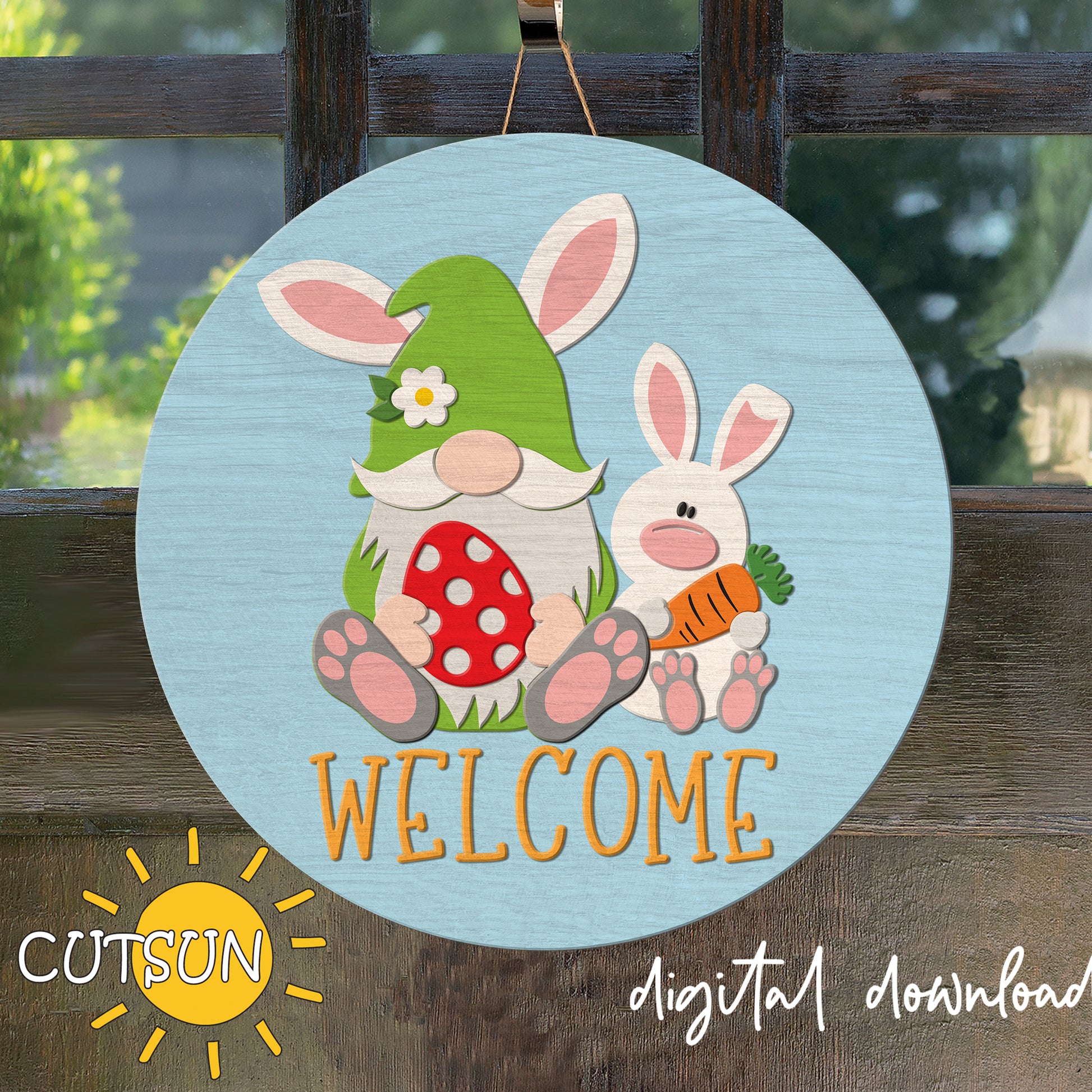 Circular sign with a gnome and bunny holding a carrot, featuring the word 'Welcome'. Brand 'CUTSUN' visible.