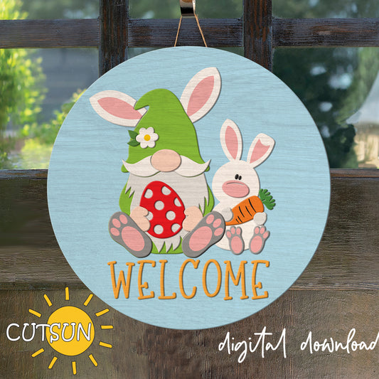 Circular sign with a gnome and bunny holding a carrot, featuring the word 'Welcome'. Brand 'CUTSUN' visible.