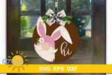 Bunny gnome peeking from the bottom left part of the round and saying hi - svg digital download for an Easter door hanger
