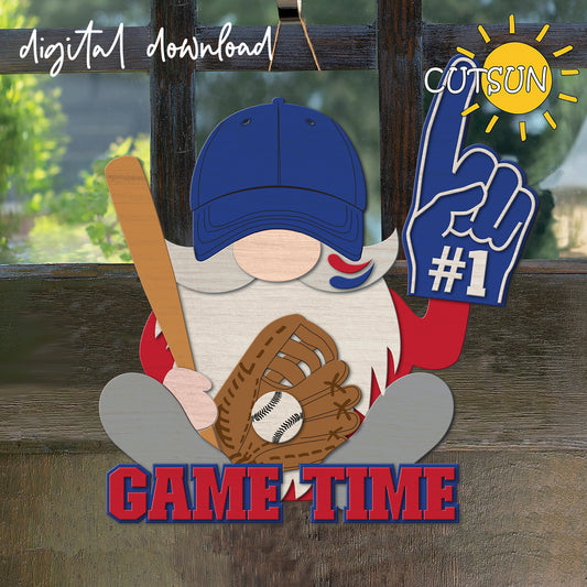A door hanger in the shape of a sitting gnome holding a bat, a baseball glove, a baseball and a foam hat. At the bottom of the welcome sign there's the text "Game time".
