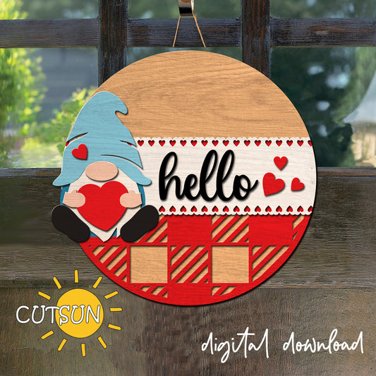 Decorative sign with a gnome holding a heart and the word 'hello', featuring the brand 'CUTSUN'.