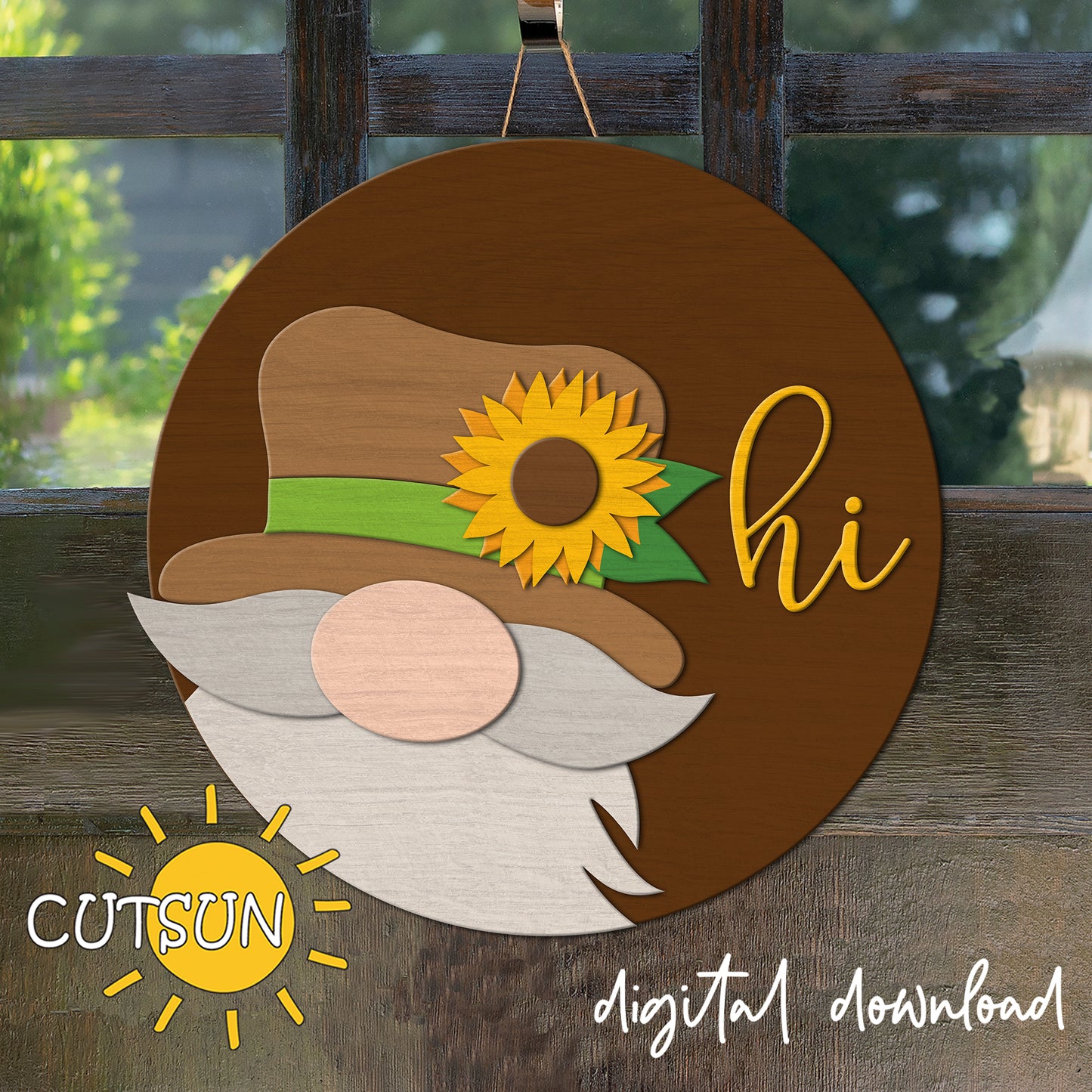 Gnome with Sunflower door hanger SVG | Gnome hi door hanger SVG