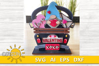 Valentine's day add-on for the Interchangeable truck featuring a cute Gnome holding a heart, a heart with love and a love letter; a plate with three hearts and the word Valentine and a license plate with xoxo - SVG digital download for use with laser cutters
