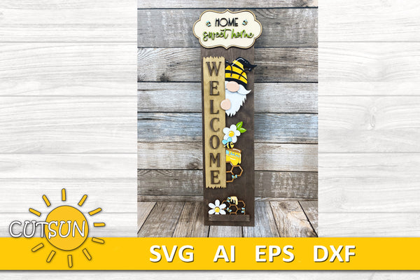 Honey Bee porch sign add-on with a free Interchangeable Porch leaner SVG Gnome vertical porch sign SVG Summer porch decor Laser cut file