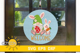 Adorable gnome with bunny ears holding an Easter egg and an Easter bunny holding a carrot above the word Welcome - svg digital download for a door hanger