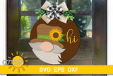 Gnome wearing a hat with a sunflower peeking from the bottom left side of the round and saying hi svg digital download