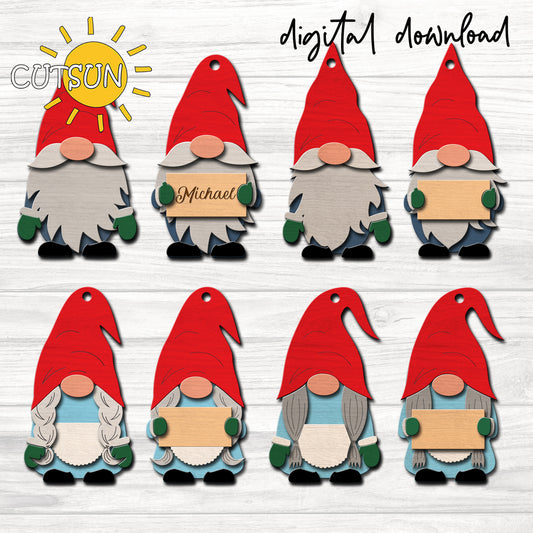 Set of digital download gnomes with red hats on a light wooden background