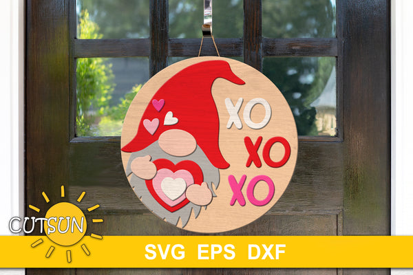 SVG digital download for a Valentine's day door hanger featuring a gnome holding a heart