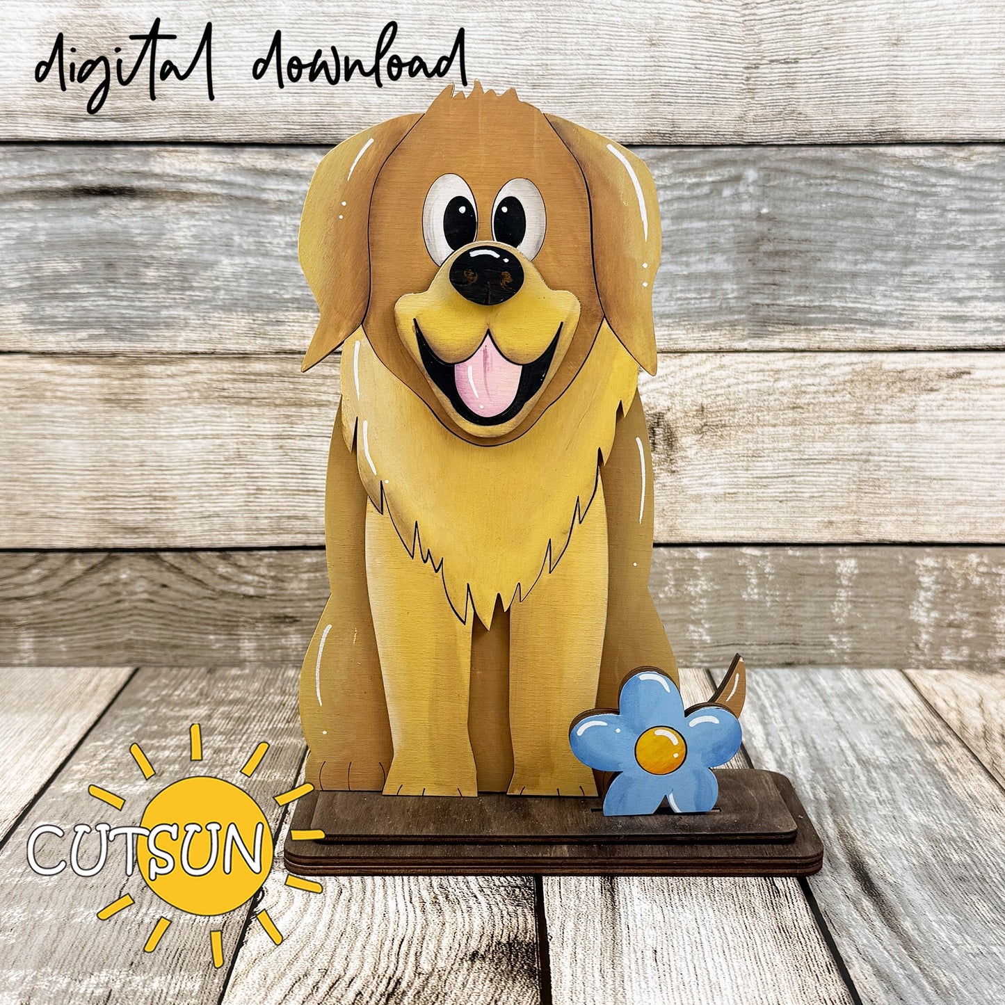 Golden Retriever interchangeable modular system SVG showing standing and shelf sitter versions with interchangeable head decorations