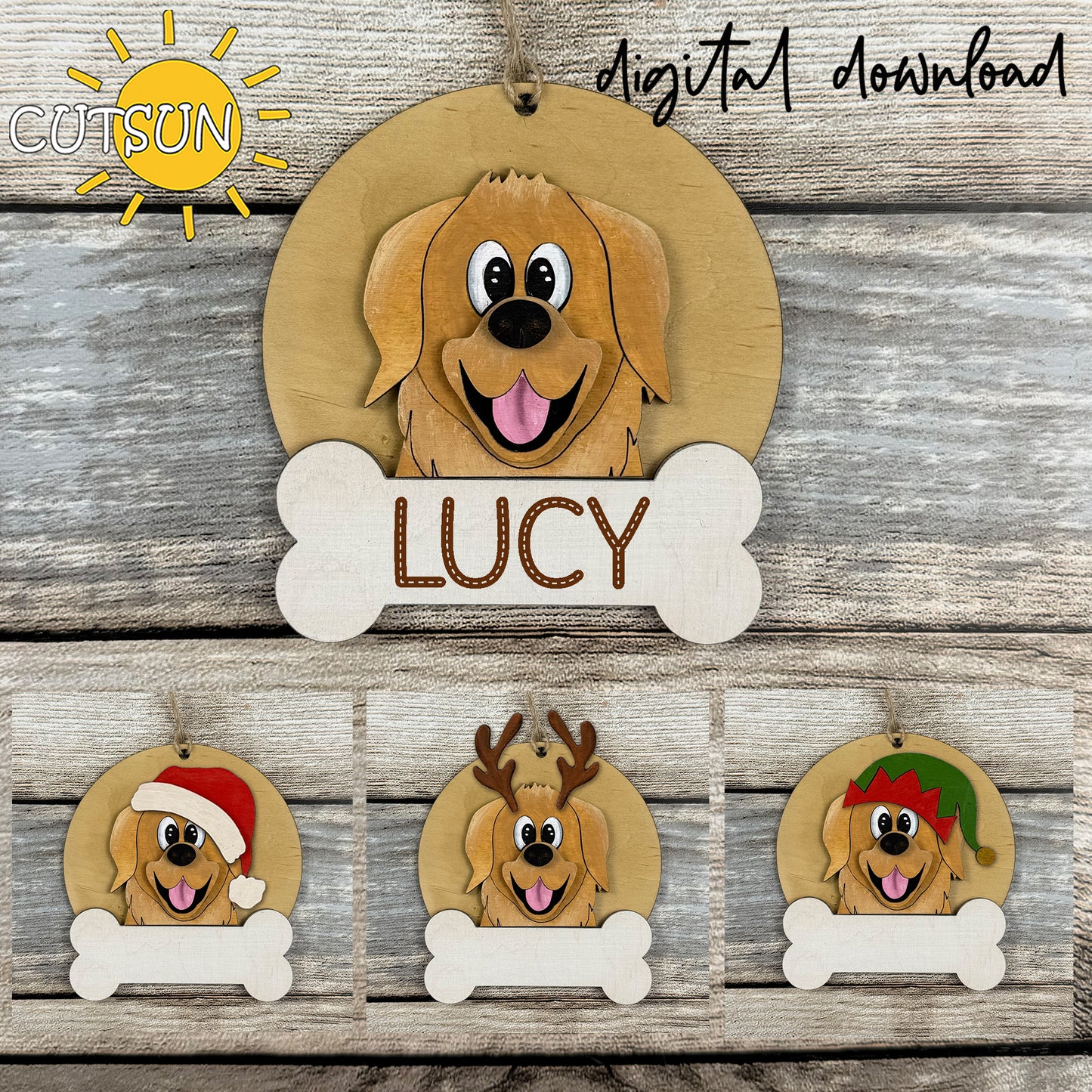 Golden Retriever Christmas Ornament Bundle | Laser Cut Dog Bone Ornaments | Personalized Pet Holiday SVG Files