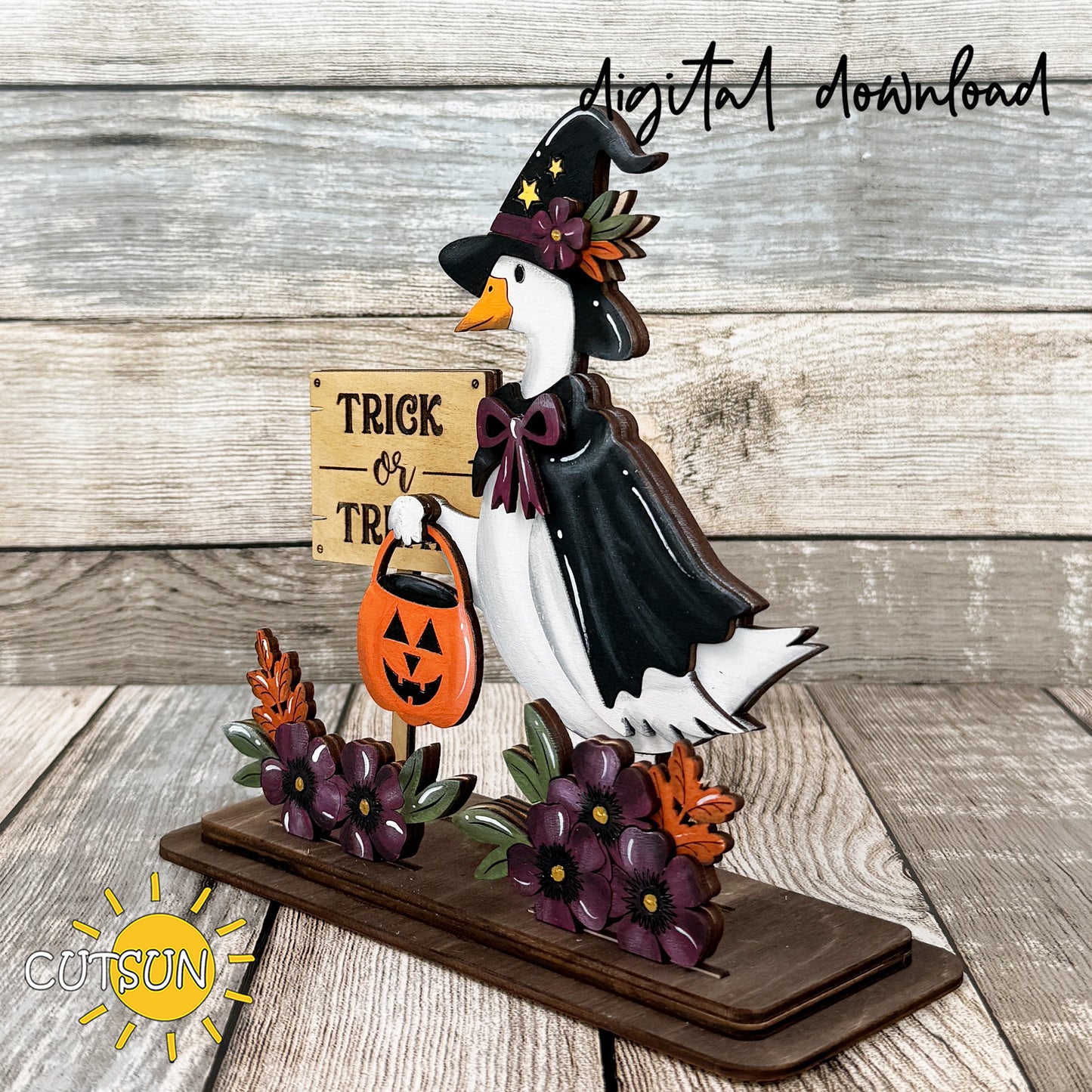 Trick or Treat Goose Shelf Sitter SVG | Halloween Goose Decor Laser Cut File | Freestanding Halloween Shelf Sitter Digital Download