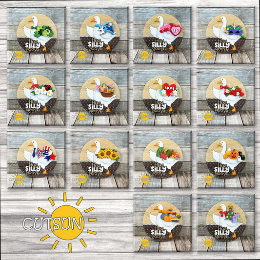 Full bundle preview of the Interchangeable Goose Door Hanger with 14 seasonal add-ons – laser cut files in SVG, DXF, AI, EPS