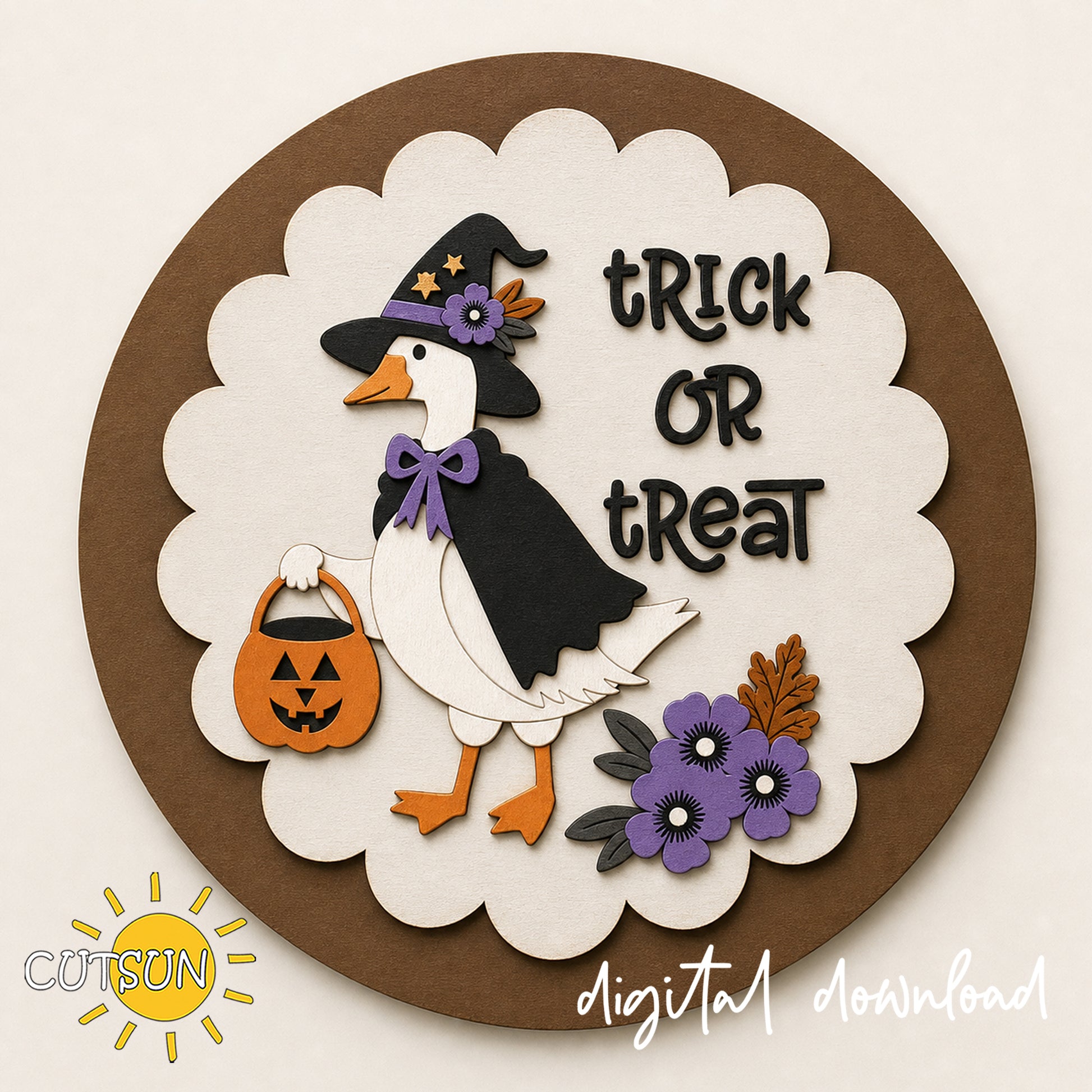 Layered Halloween goose door sign with a witch hat, black cape, pumpkin candy bucket, purple flowers and Trick or Treat lettering.