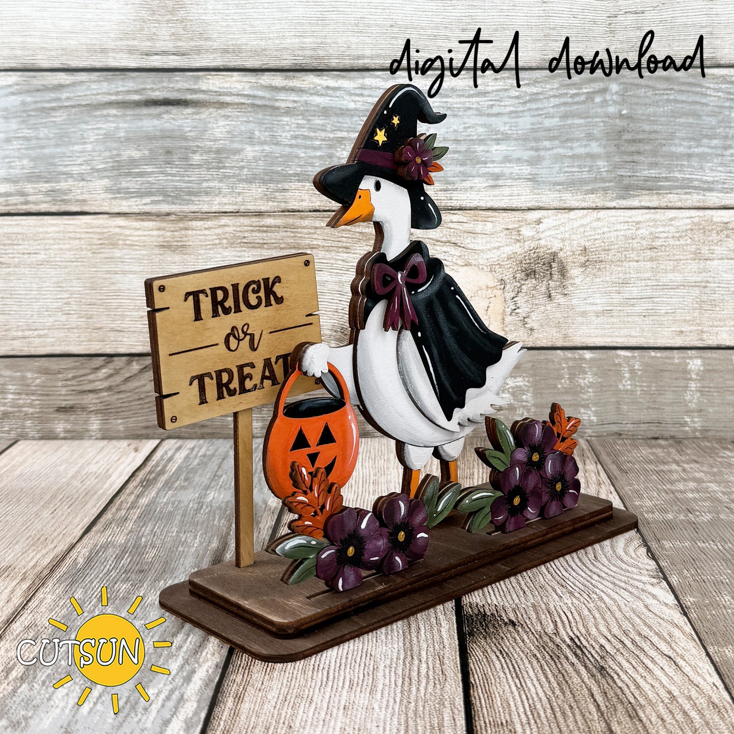 Trick or Treat Goose Shelf Sitter SVG | Halloween Goose Decor Laser Cut File | Freestanding Halloween Shelf Sitter Digital Download