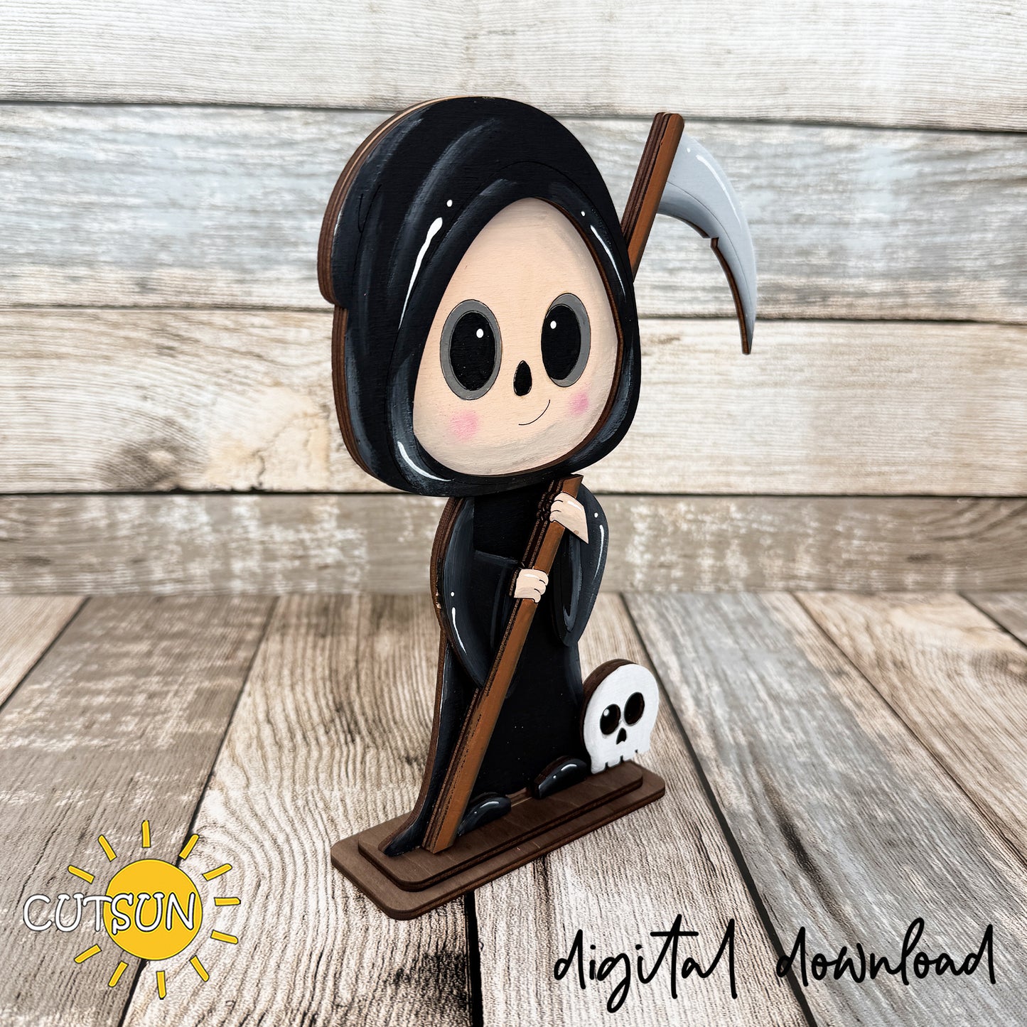 Cute Grim Reaper Shelf Sitter SVG | Halloween Laser Cut File | Freestanding Halloween Decor