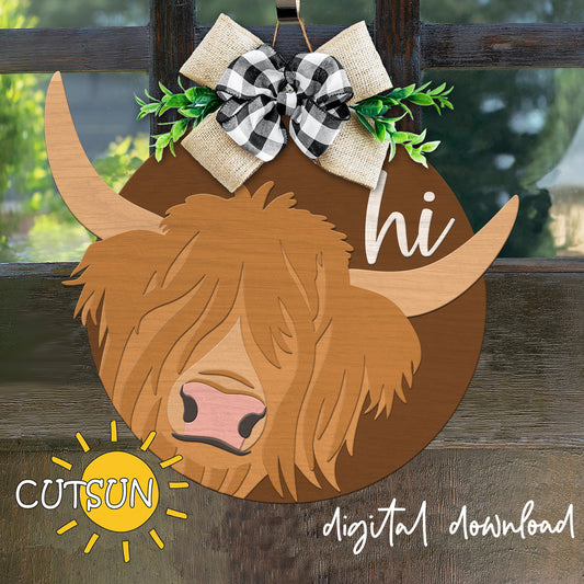 Decorative door hanger with a highland cow design and 'hi' text, featuring the brand 'CUTSUN'.