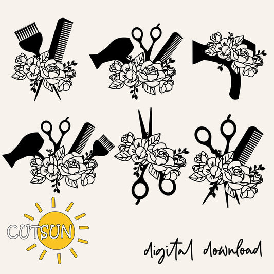 Set of black hair styling tools with floral designs and 'CUTSUN' logo on a white background.