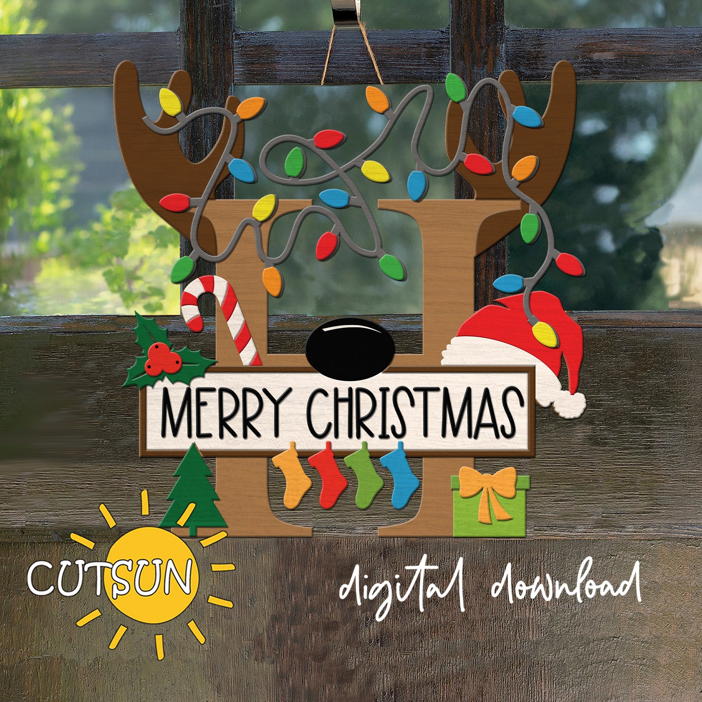 Laser cut Christmas door sign - monogram letter H with antlers, Christmas lights, candy cane, holly berry, a Christmas tree, a present, Santa hat and four stockings.