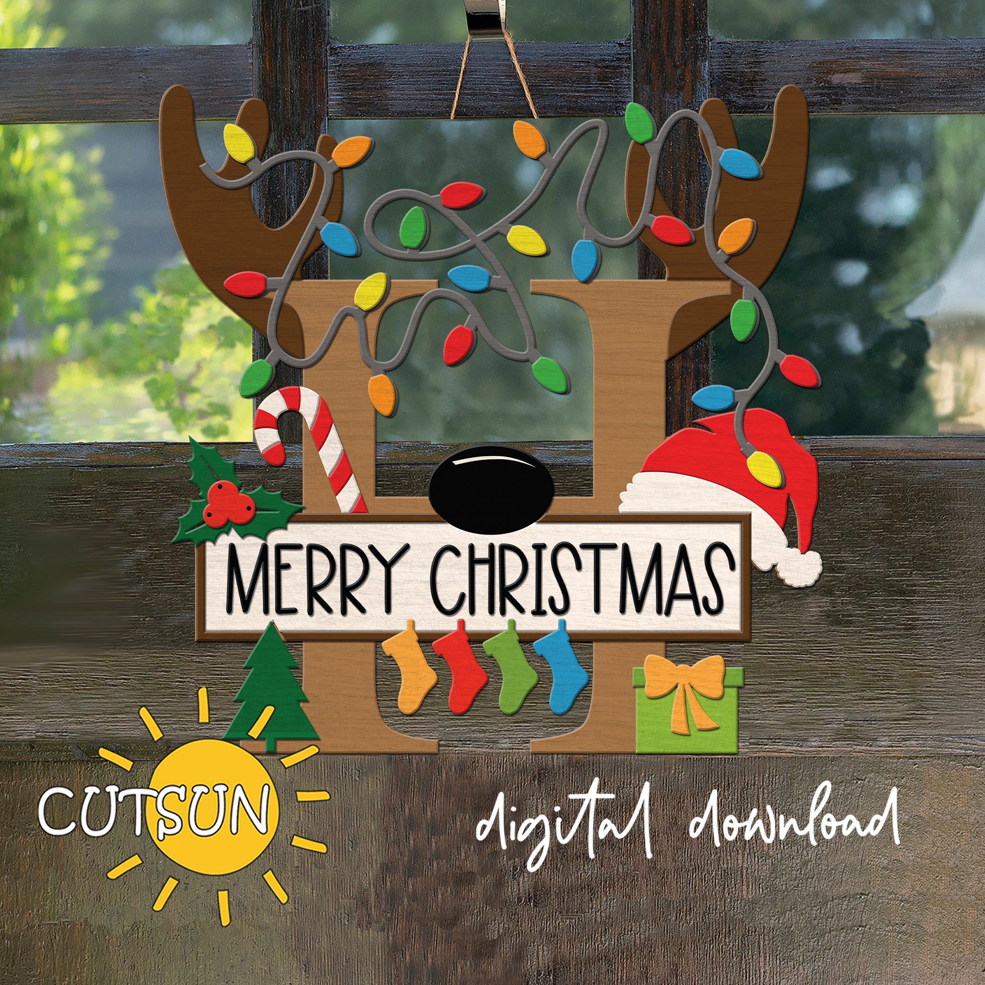 Laser cut Christmas door sign - monogram letter H with antlers, Christmas lights, candy cane, holly berry, a Christmas tree, a present, Santa hat and four stockings.