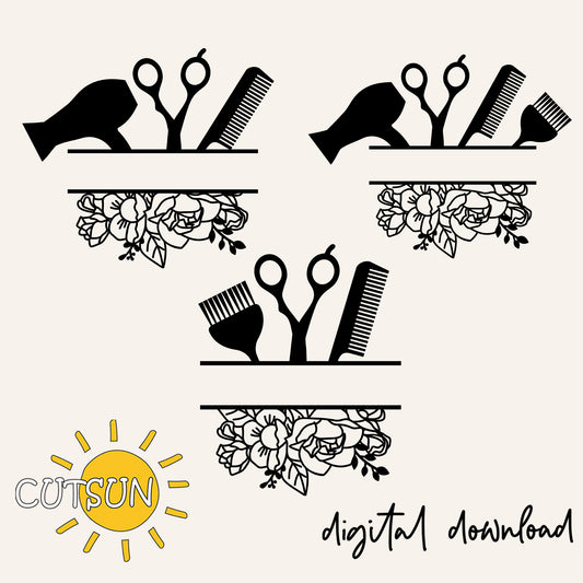Set of black hair salon icons with scissors, combs, and flowers on a white background, featuring the brand 'CUTSUN'.