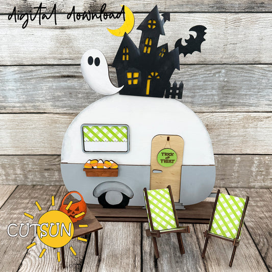 Halloween Add-On SVG for Interchangeable Camper Shelf Sitter – Haunted House, Ghost and Pumpkin Laser Cut File