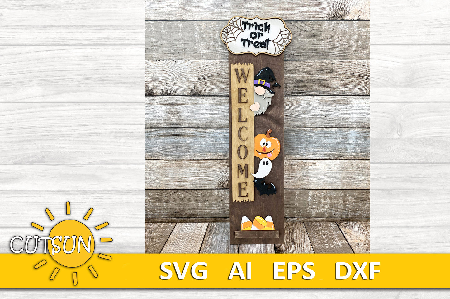 Trick or treat SVG porch sign add-on with an Interchangeable Porch leaner SVG Gnome vertical sign SVG Halloween porch decor Laser cut file