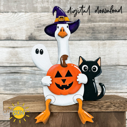 Layered Halloween goose shelf sitter wearing a witch hat and holding a pumpkin, accompanied by a ghost and black cat, laser cut SVG design.