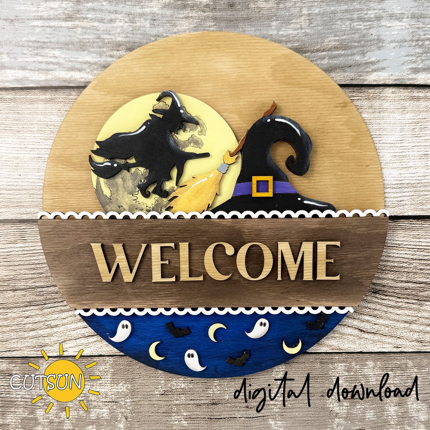 Layered witch Halloween SVG insert with flying witch silhouette, moon, bats, ghosts, and witch hat for interchangeable round sign decor.