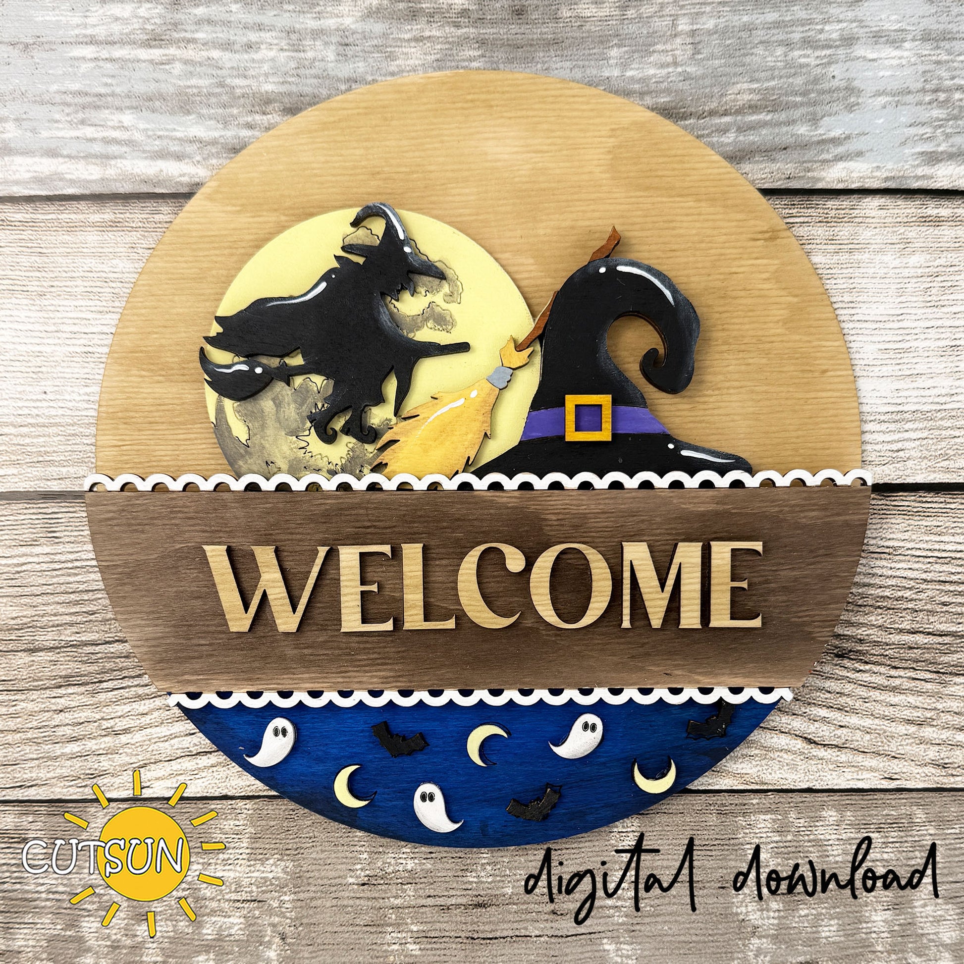 Layered witch Halloween SVG insert with flying witch silhouette, moon, bats, ghosts, and witch hat for interchangeable round sign decor.