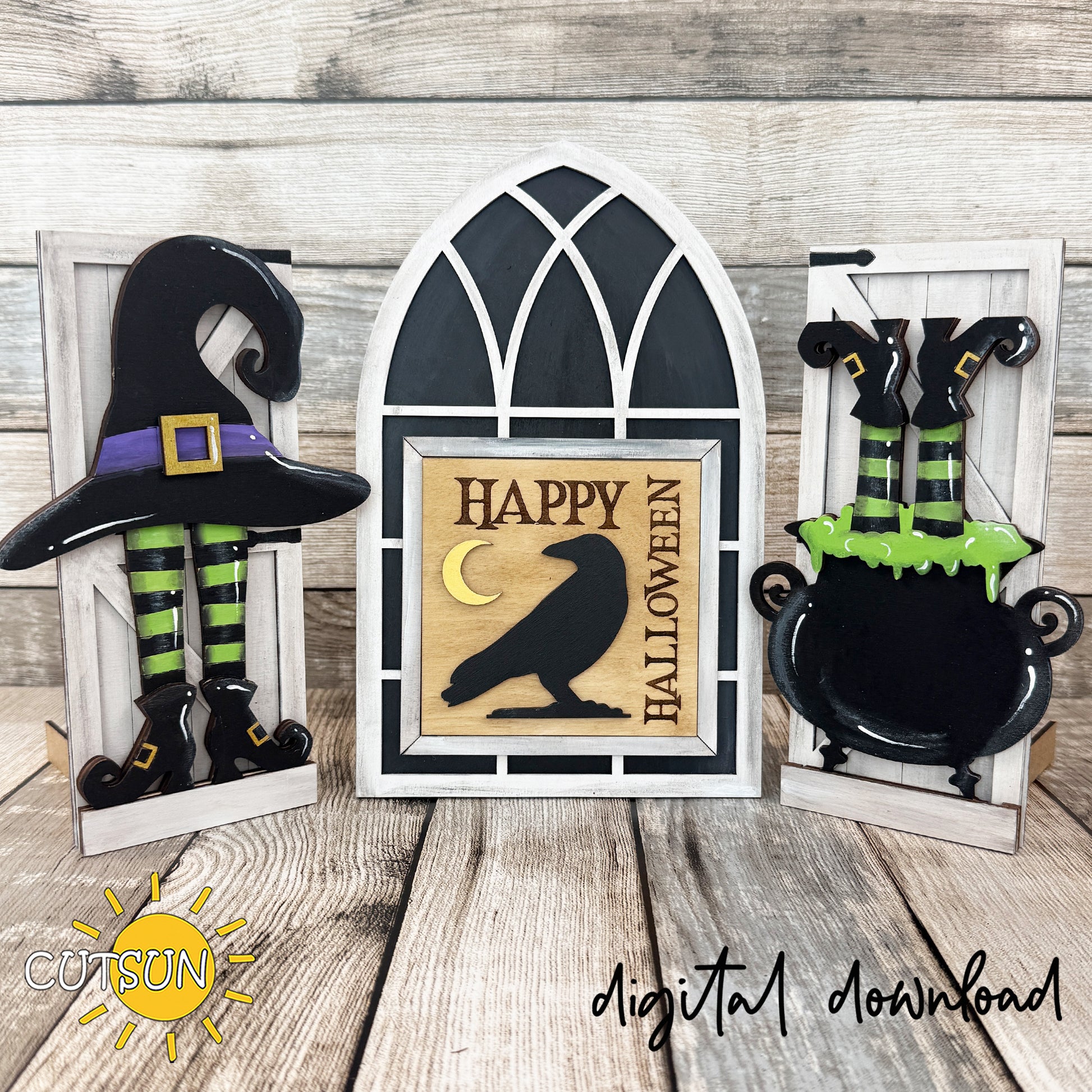 Halloween Farmhouse Window Add-On SVG featuring a witch hat, bubbling cauldron, and raven sign designed for the Interchangeable Farmhouse Window system.