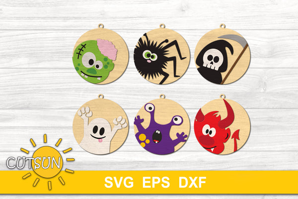 Halloween ornaments SVG bundle featuring a cute zombie, spider, grim reaper, ghost, monster and devil