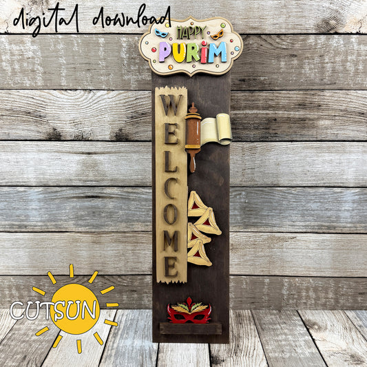 Happy Purim vertical welcome sign SVG laser cut file featuring layered top plaque, Megillah scroll, hamantaschen, stars, and mask decor.