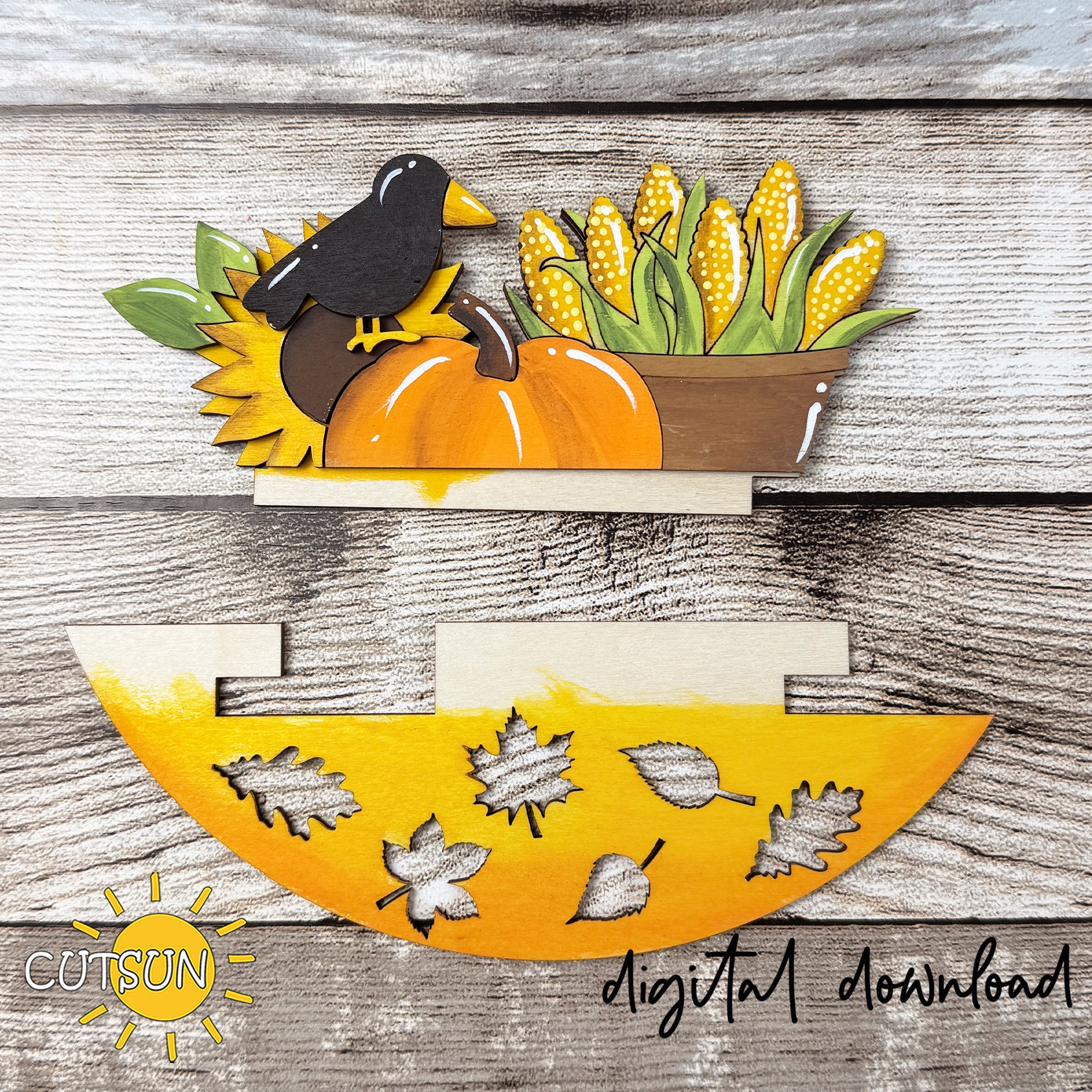 Interchangeable round sign fall SVG insert featuring a black crow, pumpkin, sunflowers, and basket of corn in layered rustic farmhouse style.