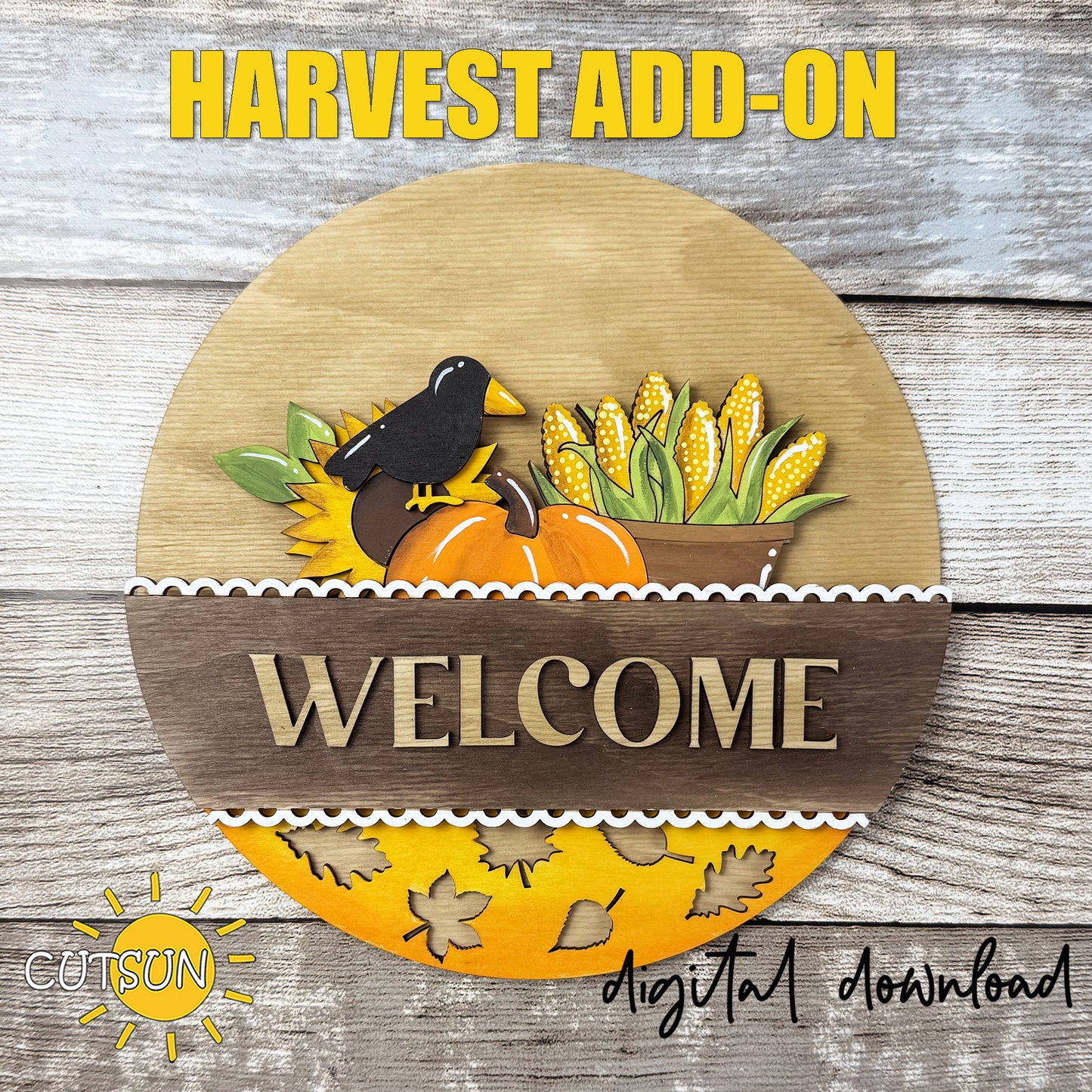 Fall SVG Insert for Interchangeable Round Sign – Pumpkin and Crow Farmhouse Door Hanger Add-On