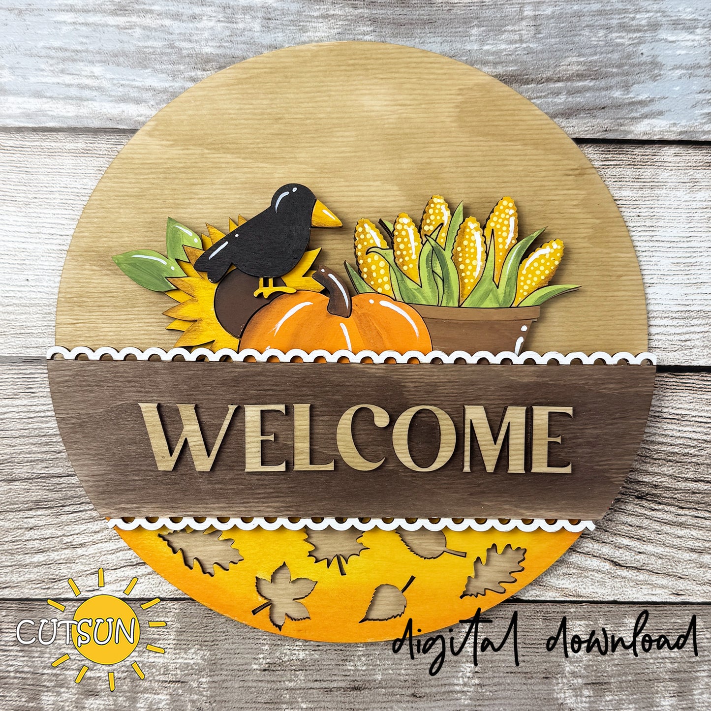 Interchangeable round sign fall SVG insert featuring a black crow, pumpkin, sunflowers, and basket of corn in layered rustic farmhouse style.