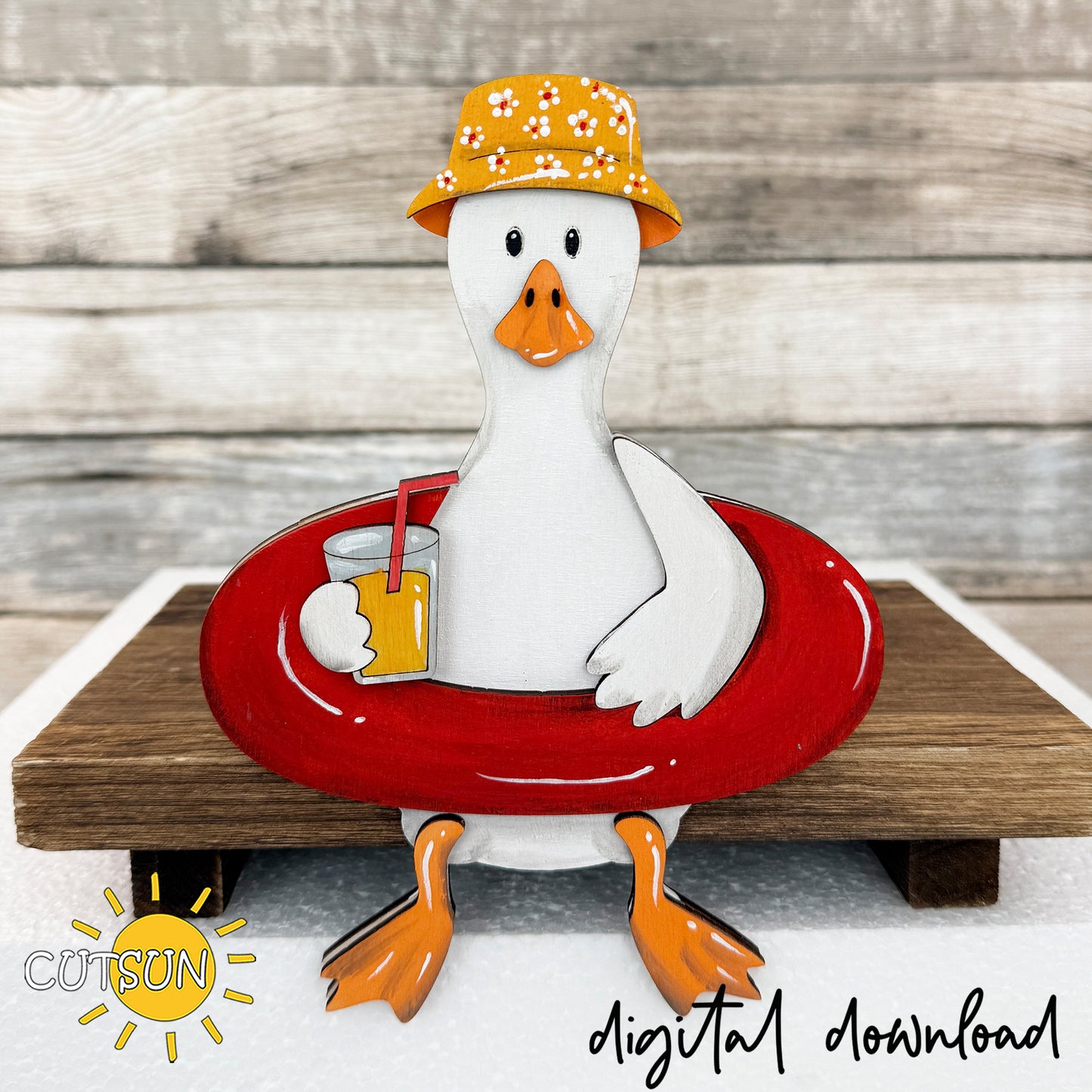 Goose Shelf Sitter SVG with Interchangeable Hats | Sitting Goose Laser Cut File | Summer Beach Decor, Layered Wood Goose